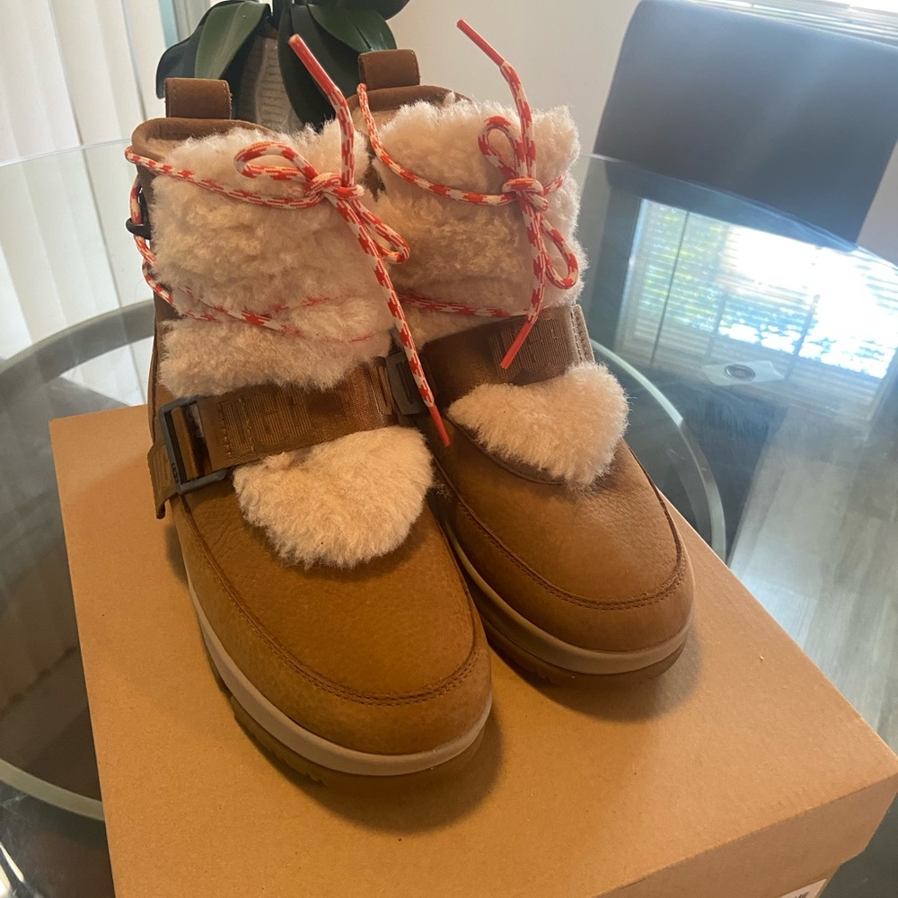 Ugg ankle boots worn once brown snd cream with fur orange laces